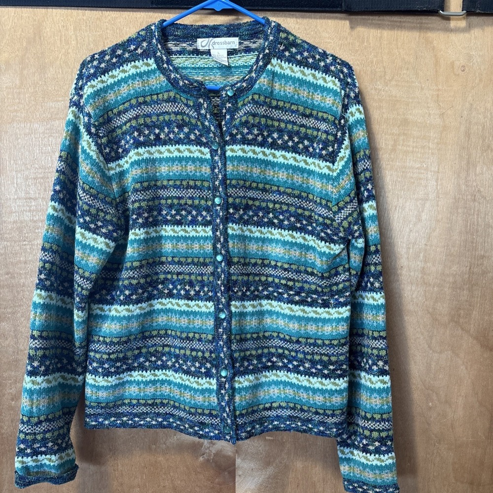 Dressbarn Women Fair Isle Cardigan Sweater Wool Acrylic Stripe Multi Color Large